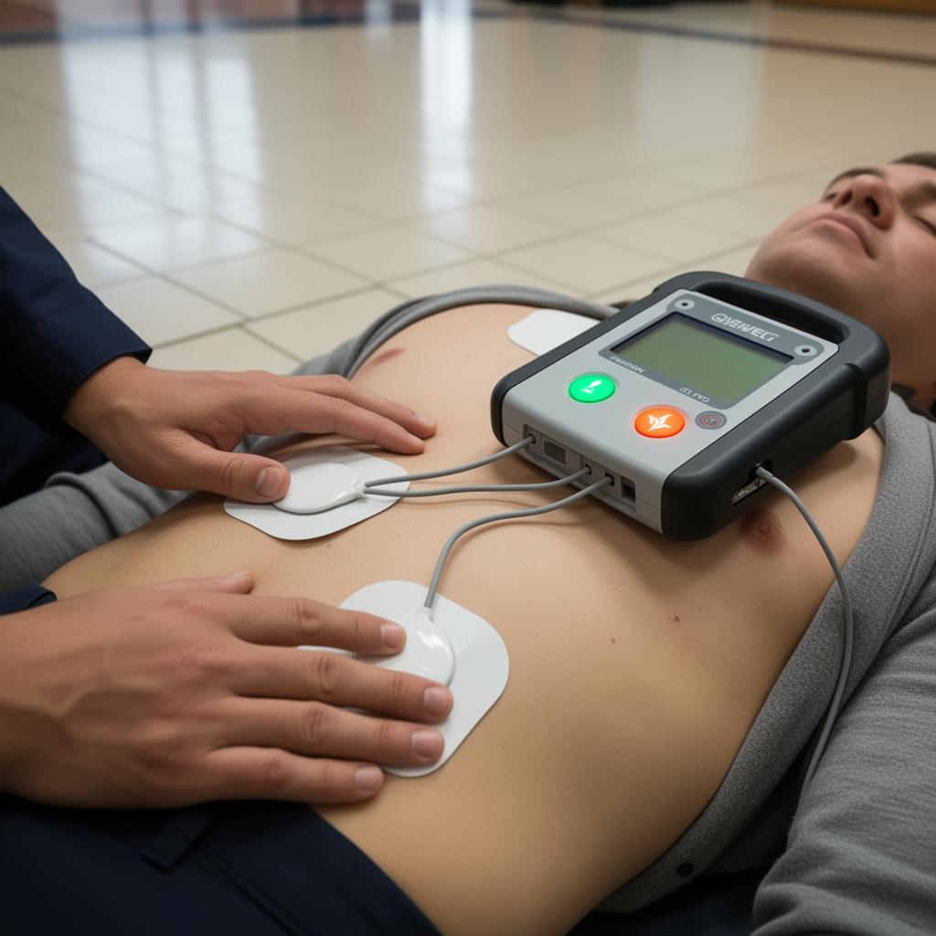 An AED in use during an emergency, with defibrillator pads placed on a patient's chest.