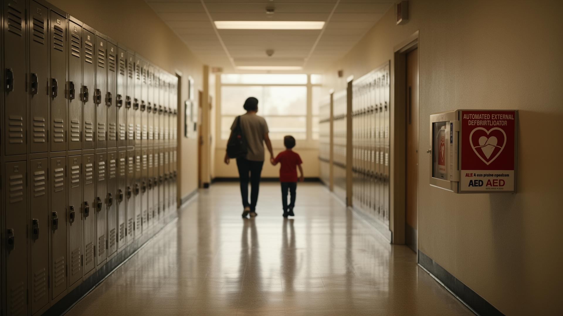 A parent and child walking down a school hallway lined with lockers, past a wall-mounted AED.